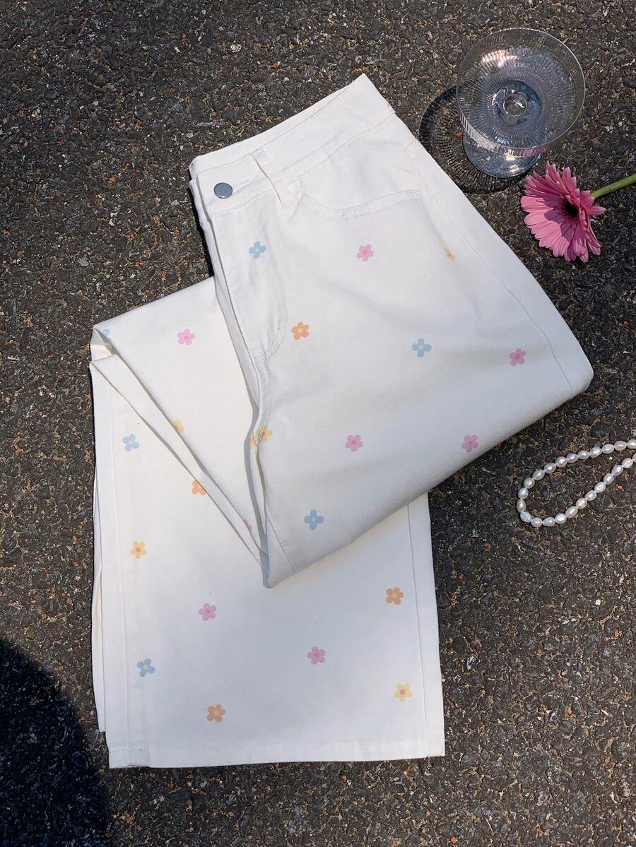 CovetEZ 女款度假休閒碎花牛仔長褲 - 白色 - 查看 1