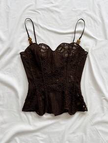 SHEIN Tall CURVE Plus Size Women's Elegant Sexy Boho Brown Summer Vacation Club Date Night Sleeveless Top Bohemian Tropical Textured Beading Resort - Brown - View 5