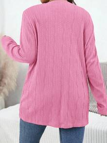SHEIN Essnce Plus Size Women's Elegant Commuter Autumn Double Pocket Design Jacquard Long Sleeve Cardigan Fall - Hot Pink - View 2