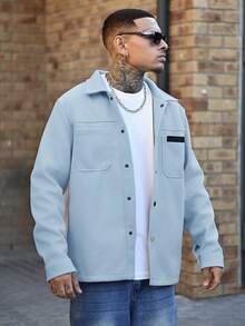 Devon Thys Men Solid Color Casual Overcoat, Suitable For Autumn And Winter Sky Blue Button Overcoat - Baby Blue - View 2