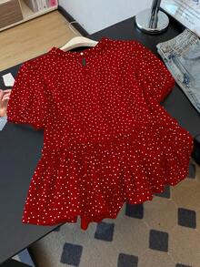 GlowEve CURVE Plus Size Women's New French Elegant Ruffle Edge Polka Dot Puff Short Sleeve Blouse, Unique Exquisite Top - Multicolor - View 3