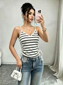 SHEIN Raffinéa Women's Summer Camisole, Black And White Striped Spaghetti Strap Camisole Top With Side Ruched Tie Bow Detail Vacation Coastal - Multicolor - View 1