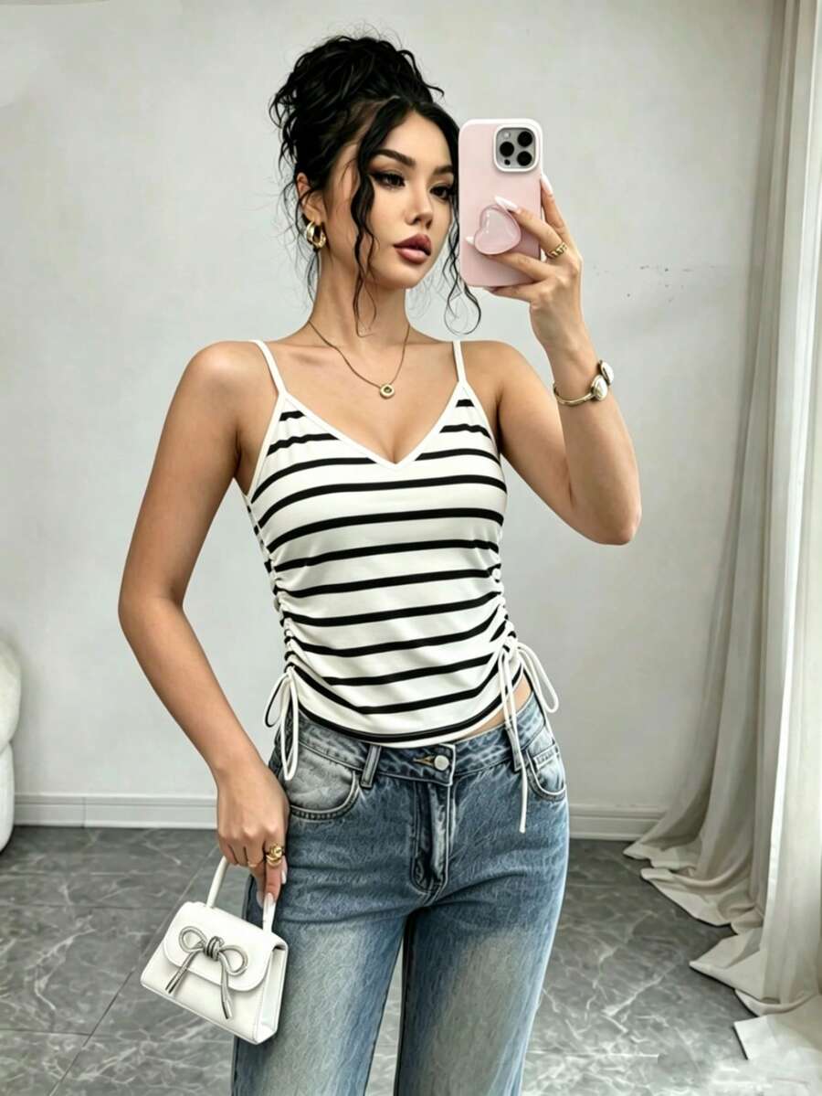 SHEIN Raffinéa Women's Summer Camisole, Black And White Striped Spaghetti Strap Camisole Top With Side Ruched Tie Bow Detail Vacation Coastal - Multicolor - View 1