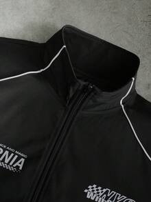 PAVTROS Men's Spring/Autumn Casual Fashion Streetwear Letter Print Contrast Color Zipper Front Drawstring Hem Stand Collar Jacket - Black - View 6