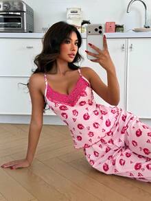 ZzzCrew Silk Lace Women's Pajama Set With Contrast Lace V-Neck Camisole And Long Pants, Sexy Style - Hot Pink - View 6