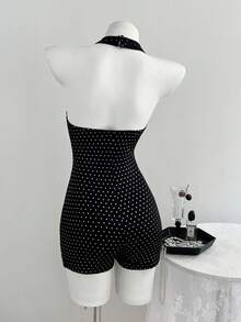 Elamini Spring Summer V-Neck Halter Neck Tie-Up Black And White Polka Dot Foil Fitted Cropped Women's Jumpsuit Night Out Party Club Sexy - Black - View 2