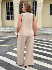Easura 休閒度假風不對稱設計背心上衣與長褲大尺碼套裝 - 杏色 - 查看 2