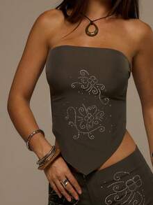 MUSERA Studded Pointed Hem Strapless Bandeau Top Spring Summer Festival Vacation Ibiza Holiday Rave Sexy Y2k Utility Siren - Grey - View 5