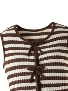 Elladie kids Tween Girl Bow Button Ruffle Hem Tank Top And Long Pants 2pcs Set - Brown - View 3