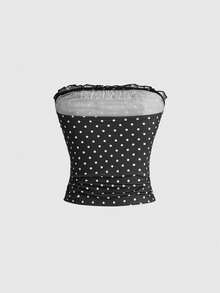 Sweetness Women's Cute Sweet Ruffled Polka Dot Print Contrast Color Lace Bow Bandeau Top Party Night Black And White Polka Dot Summer - Black - View 2