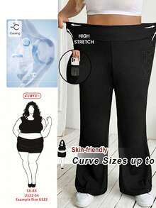 SHEIN CURVE+ 大码女式返校休闲家居服瑜伽舒适户外纯色针织弹力腰高腰喇叭裤，带蕾丝口袋的紧身裤 - 黑色 - 查看 1