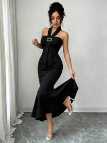 Selianne Black Halter Mermaid Dress Dinner Summer Elegant Sexy Wedding - Black - View 5