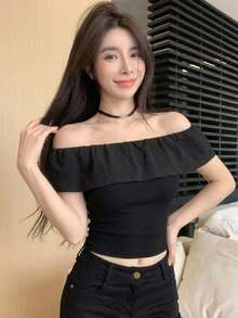 DAZY 女款露肩修身T恤性感風 - 黑色 - 查看 5