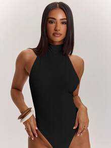 SHEIN BAE 春夏季女款掛脖露背性感素色貼身連身衣 - 黑色 - 查看 7