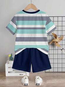 Young Boy Casual Minimalist T-Shirt Set, Classic Striped Color Block Patchwork Pattern Print, Exquisite Small Logo Knight Pattern Print, Suitable For Summer, Suitable For Campus - Multicolor - View 4
