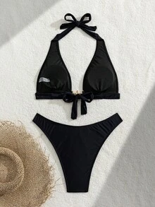 Swim Vcay 新款女款純色比基尼泳衣套裝 綁帶掛脖式 後背繫帶露背 海星裝飾 高腰三角泳褲兩件式海灘度假泳裝 - 黑色 - 查看 2