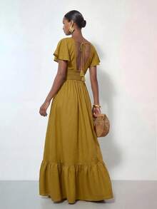 Zivah Summer Boho Vacation Mustard Yellow V-Neck Lace-Trimmed Multi-Layered Ruffled Halter Women Long Dress Suitable For Everyday Music Festivals Picnic - Mustard Yellow - View 10