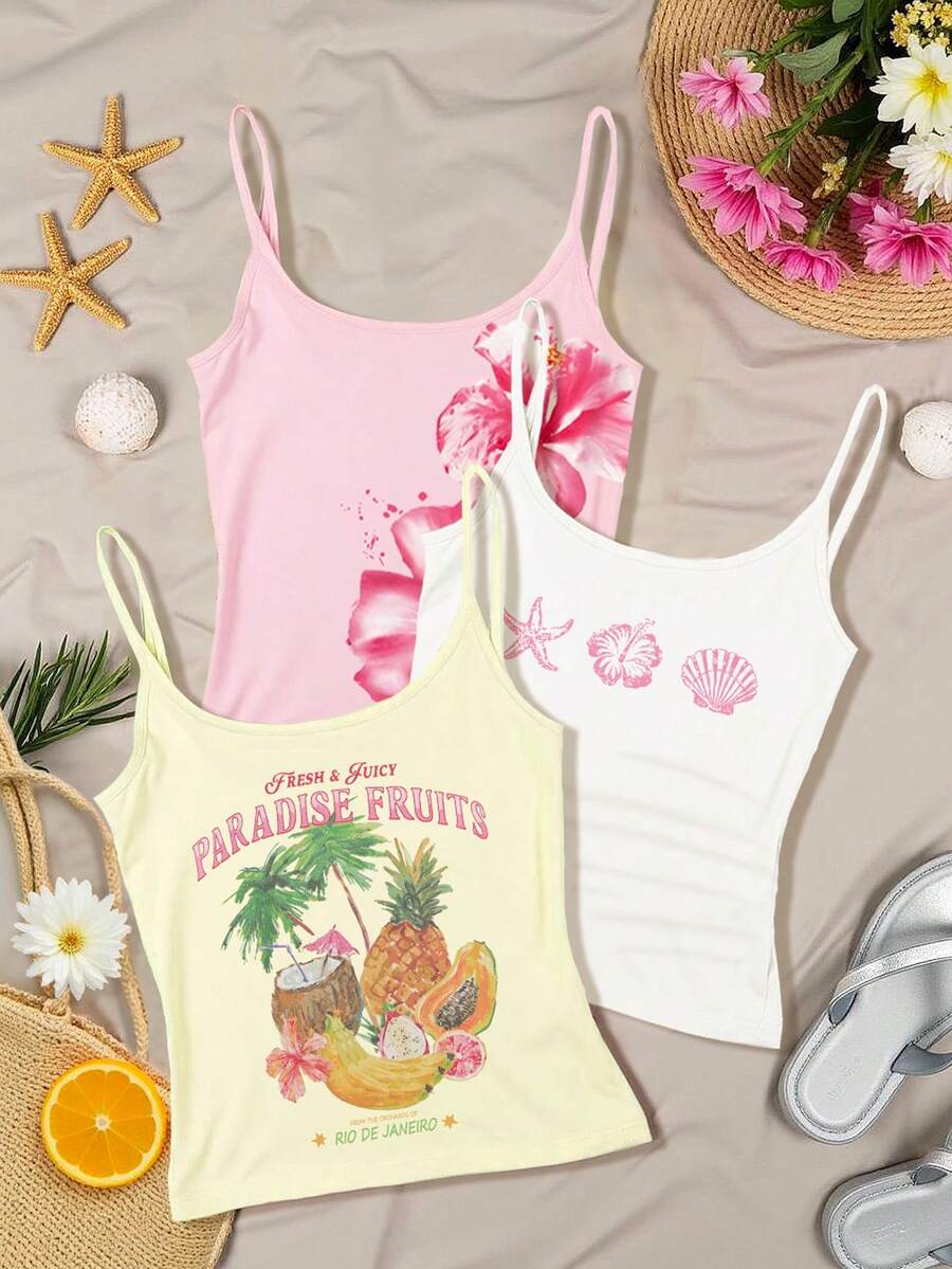 SHEIN 奶油黃、粉色修身細肩帶背心上衣,3件組上衣套裝,水果花卉圖案海灘度假上衣,現正流行,時尚上衣,海灘上衣,女裝 - 彩色 - 查看 1