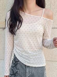 FRIFUL 女款純黑色透視蕾絲布料層次感修身百搭上衣 夏季長袖可愛上衣 - 白色 - 查看 4