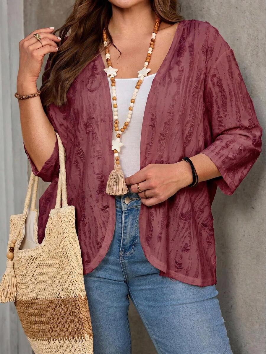 EMERY ROSE Plus Size Vacation Outfits Woman Solid Color Asymmetric Hem Casual Resort CostumeJacket Fall - Burgundy - View 1
