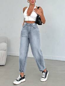 EURMUSE 100% Cotton High Waist Balloon Fit Jean 06-559 - Grey - View 5