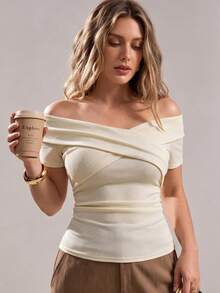 SHEIN Privé Camiseta casual elegante con diseño cruzado para mujer talla grande, primavera/verano - Albaricoque - Ver 4