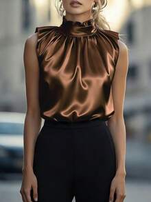 EMERY ROSE Black Mandarin Collar Ruffle Hem Sleeveless Elegant Blouse For Women - Coffee Brown - View 4