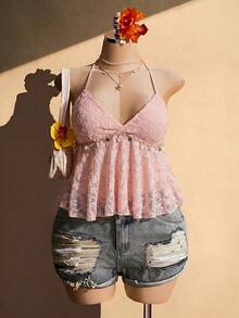 SHEIN ICON Plus Size Knit Halter Neck Shell Tassel Decor Babydoll Backless Tank Top - Pink - View 2