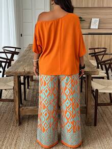 Weeklong Plus Size Orange Off-Shoulder Loose Top & Geometric Print Wide Leg Pants Set, Casual Resort Style For Spring Summer Fall - Multicolor - View 2