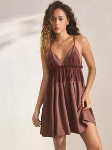 Ocili Bohemian Style Women's Contrast Color Ruffle Hem Camisole Nightgown Sleepwear Dress - Burgundy - View 2