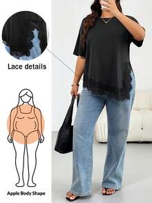 Shapeblank Plus Size Women's Spring/Summer Fashion Casual Loose Elastic Comfortable Daily Basic Versatile Slimming Lace Trim Patchwork Asymmetrical Hem Short Sleeve Black T-Shirt, Outing Top, Vacation, Minimalist Style, Lace Top - Black - View 2