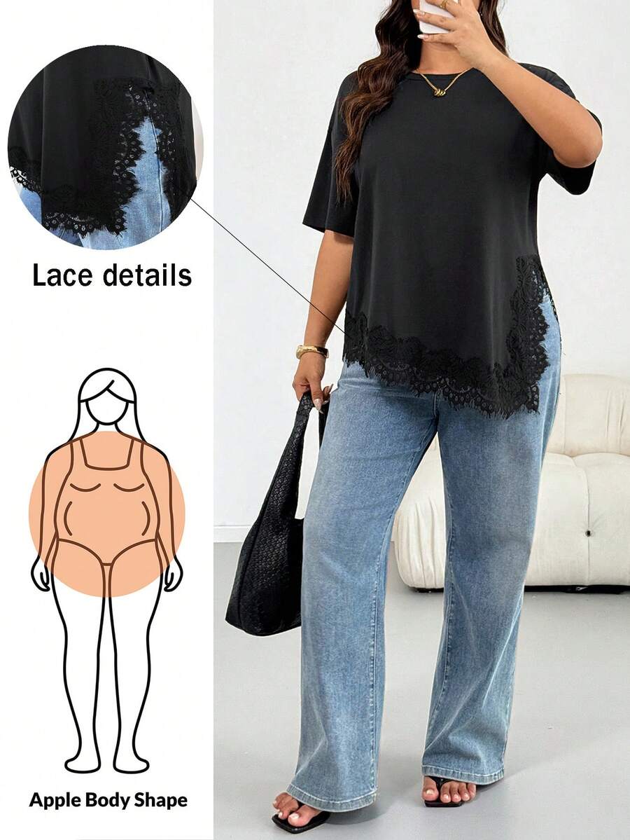 Shapeblank Plus Size Women's Spring/Summer Fashion Casual Loose Elastic Comfortable Daily Basic Versatile Slimming Lace Trim Patchwork Asymmetrical Hem Short Sleeve Black T-Shirt, Outing Top, Vacation, Minimalist Style, Lace Top