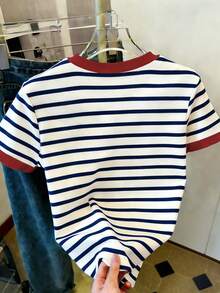 Souflis Souflis Young Girls Casual Comfortable Fashion Striped Collar And Cuff Contrast Print Cherry Pattern Short Sleeve Round Neck T-Shirt Summer Suitable For Tops - Multicolor - View 2