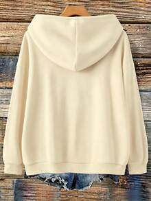SHEIN LUNE CURVE 大尺碼女款字母刺繡極簡風連帽衛衣 韓系休閒寬鬆慵懶美式復古女裝 - 杏色 - 查看 2