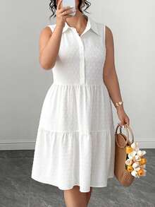 Elenzga Plus Size Summer Casual Solid Color Sleeveless Dress - White - View 1