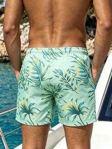 Manfinity Swimmode 男士大尺碼熱帶植物印花抽繩腰海灘短褲 - 薄荷綠 - 查看 2