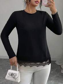 Elenzga 女款優雅春秋透視蕾絲露背設計套頭長袖寬鬆版型T恤 - 黑色 - 查看 5
