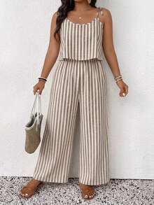 Jumpsuit Kasual Longgar Bergaris dengan Tali Pengikat untuk Wanita Ukuran Plus, Celana Panjang, Cocok untuk Pemakaian Sehari-hari dan Liburan - Coklat - View 6