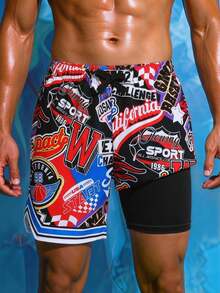 SHEIN Kids Tween Boy Japanese & Korean Style Casual Versatile Comfortable Coconut Tree Print Pattern Loose Patchwork Tight Inner Lining Woven Loose Swim Shorts Beach Pants - Multicolor - View 9