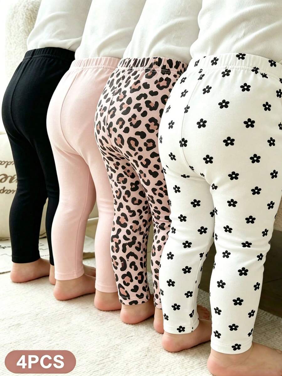 4pcs Girls Korean Style Slim Fit Leggings, Digital Print Heart Leopard Print Solid Color Multi-Print Elastic Waist Thin Tight Pants, Suitable For Daily Wear, Layering, Spring, Summer And Early Autumn - Multicolor - View 1