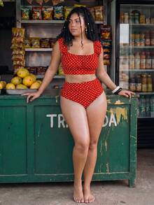 Swim Mod Plus Size Women's Polka Dot Print Cropped Tank Top And Bikini Bottom Swimwear Set For Beach Vacation - Red - View 3