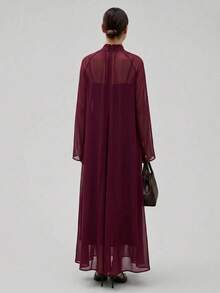 Ontre 2026SS 女款寬鬆雪紡荷葉邊長洋裝，都市通勤商務休閒波希米亞風度假海灘洋裝，優雅婚禮賓客洋裝，海濱洋裝，假期穿搭，辦公室穿著 - 酒紅色 - 查看 4