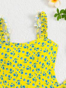 SHEIN Set Baju Renang Terusan Motif Bunga dan Rok Jala untuk Liburan Anak Perempuan Remaja - Kuning - View 5