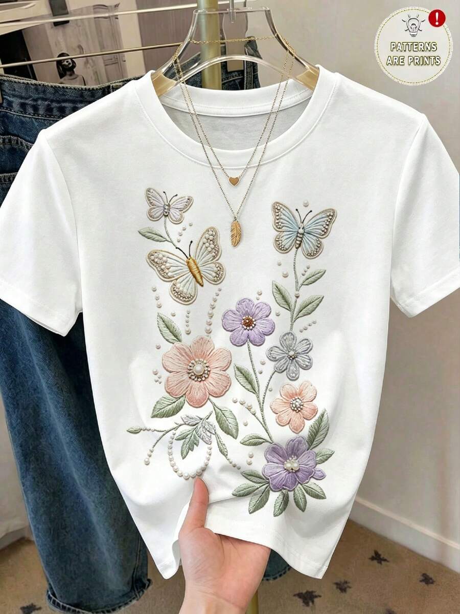 SHEIN VCAY 大尺碼女款休閒T恤,仿刺繡設計,仿珍珠圖案印花T恤,圓領 - 彩色 - 查看 1