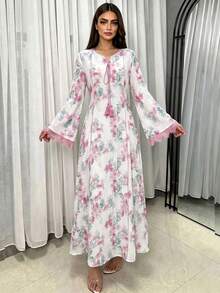 Yasmyna 方領蕾絲流蘇 3/4 袖喇叭袖女款阿拉伯風洋裝 - 粉色 - 查看 6