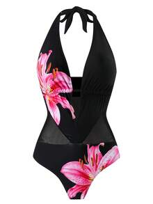 Swim Vcay 芙蓉花印花網格拼接深V低胸性感時尚連身泳衣 - 黑色 - 查看 2