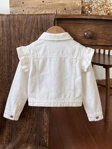 SHEIN Young Girl Long Sleeve Single-Breasted Patchwork Ruffle Casual Denim Jacket - White - View 2
