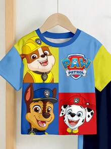 SHEIN | PAW Patrol 小男孩休閒簡約寬鬆舒適IP聯名款經典可愛卡通動畫圖案印花經典撞色可愛小狗運動風圓領短袖T恤與長褲2件套 - 彩色 - 查看 3