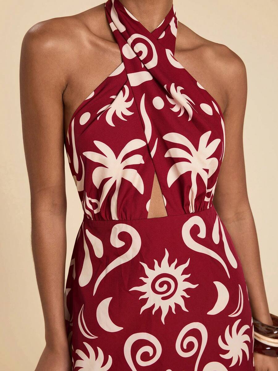 Travachic Vacation Casual Tropical All-Over Print Backless Halter Neck Dress,Summer,Beach Vacation,Elegant,Vacation Burgundy - Red - View 1
