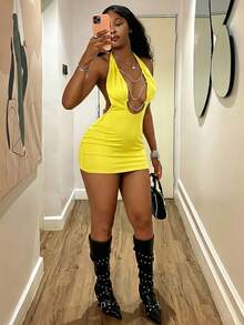 StreetHx Women's Black Deep V-Neck Halter Chain Decor Short Dress - Yellow - View 4